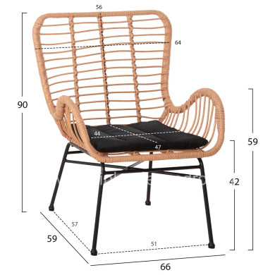 OUTDOOR ARMCHAIR BERGERE STYLE ALLEGRA HM5704.11 P.E.RATTAN BEIGE-BLACK METAL FRAME 66x59x90Hcm.