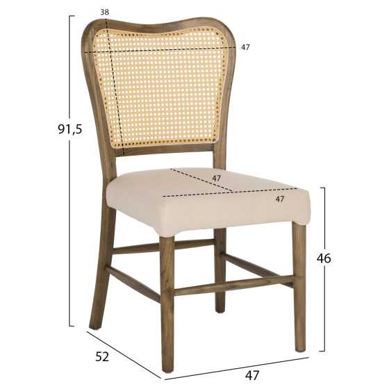 CHAIR TOON WOOD RATTAN BACK FABRIC SEAT HM9406.04 47x52x91.5Hcm.